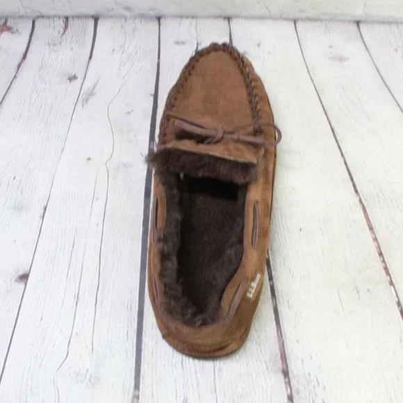 *LL Bean Brown Suede Wicked Good Shearling Lined Moccasin Slippers 11 Inch - Picture 6 of 9